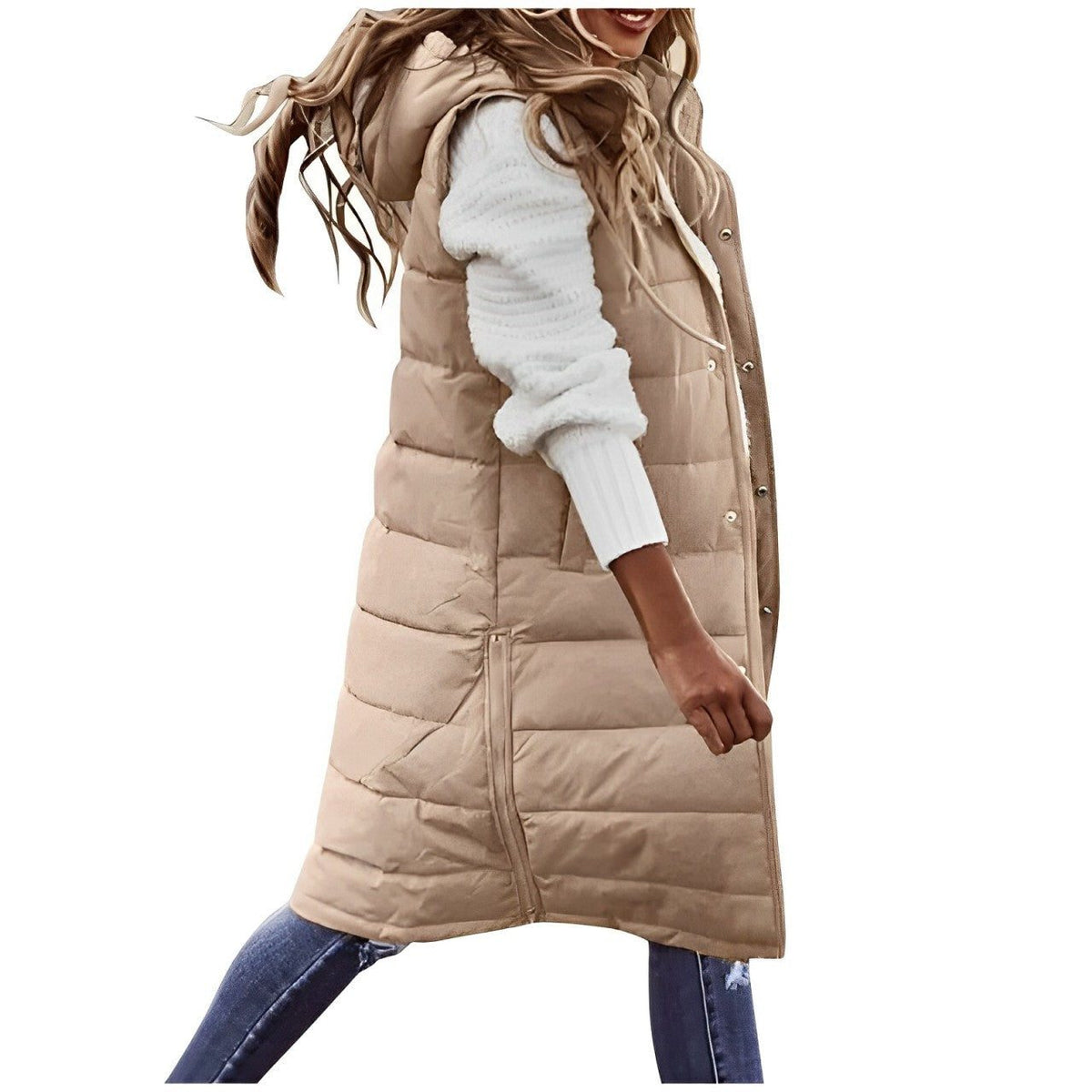 Women's long quilted puffer gilet, sleeveless with button-front closure - Khaki