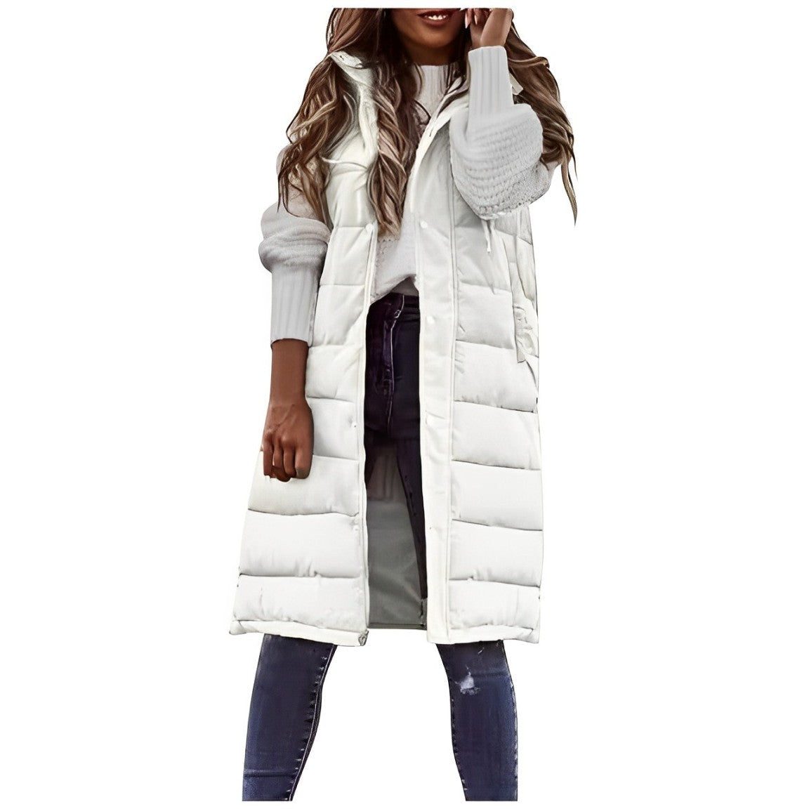 Women's long quilted puffer gilet, sleeveless with button-front closure - White