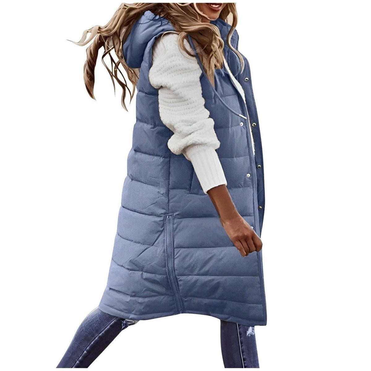 Women's long quilted puffer gilet, sleeveless with button-front closure - Blue