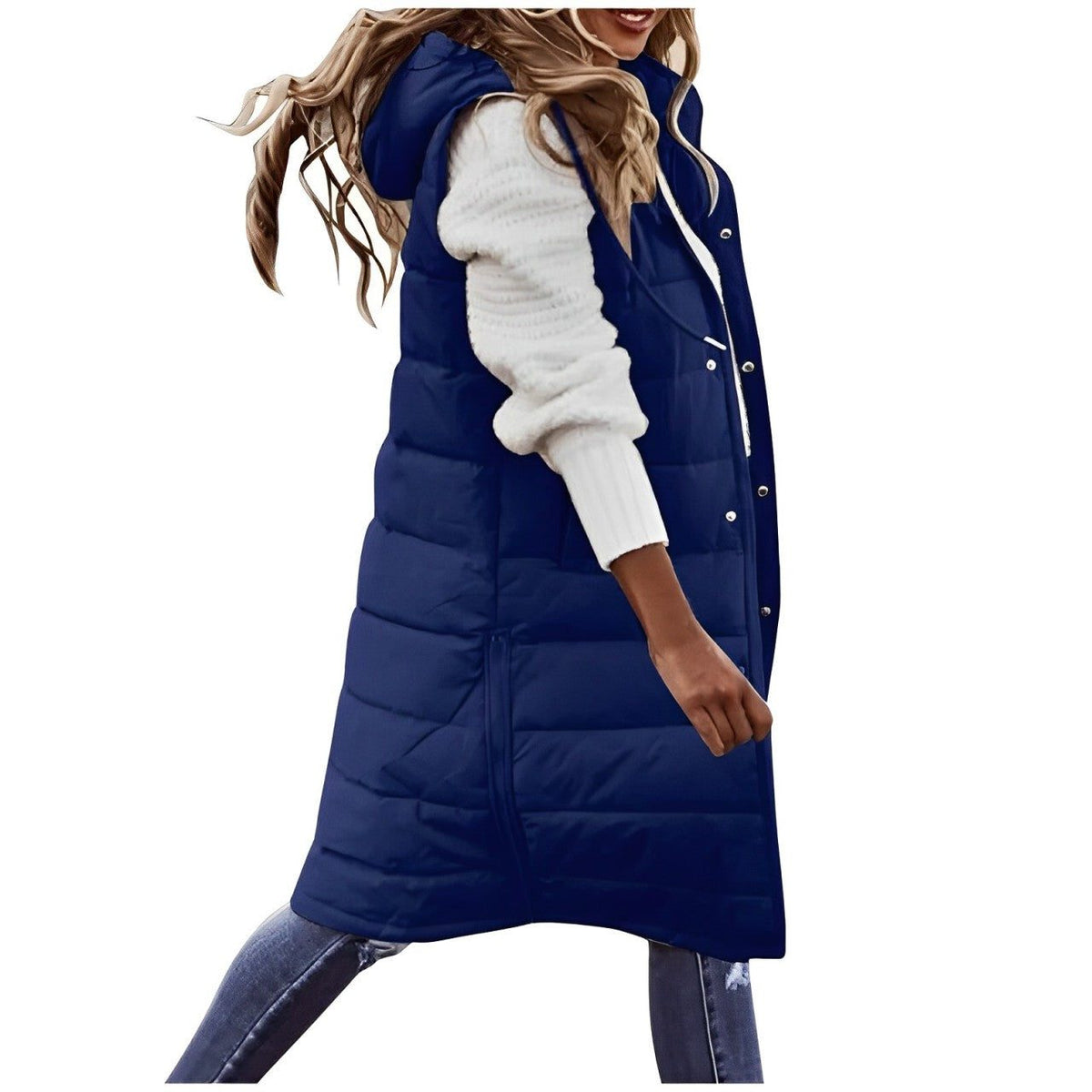 Women's long quilted puffer gilet, sleeveless with button-front closure