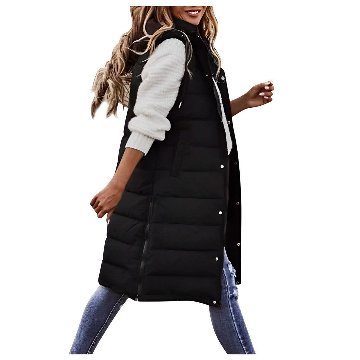Women's long quilted puffer gilet, sleeveless with button-front closure - Black