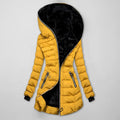 Women's Long Quilted Winter Jacket with Hood - Yellow