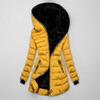 Women's Long Quilted Winter Jacket with Hood - Yellow