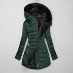 Women's Long Quilted Winter Jacket with Hood - Green