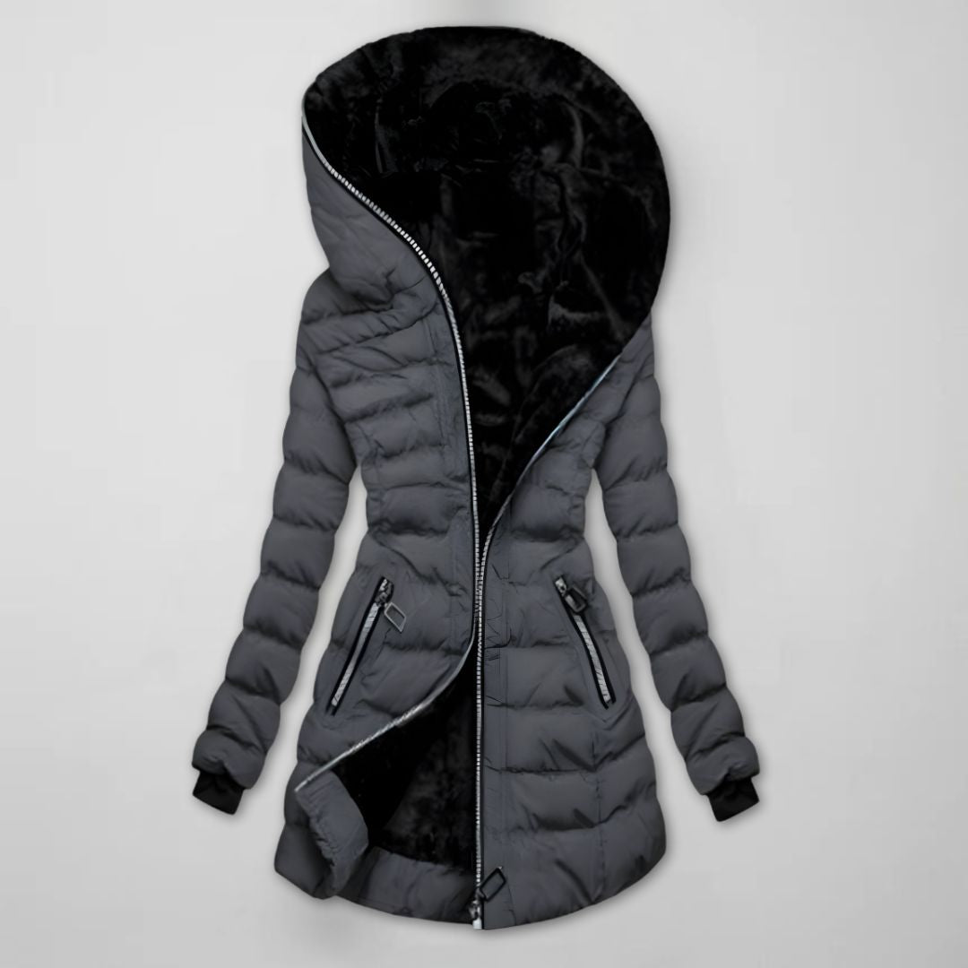 Women's Long Quilted Winter Jacket with Hood - Grey