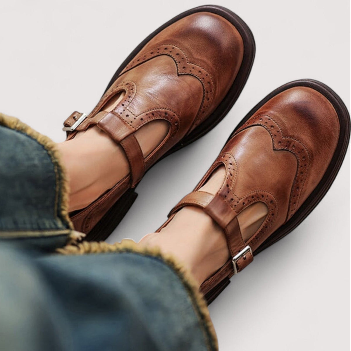 Women's Mary Jane Orthopaedic Leather Shoes with Ankle Strap - Brown