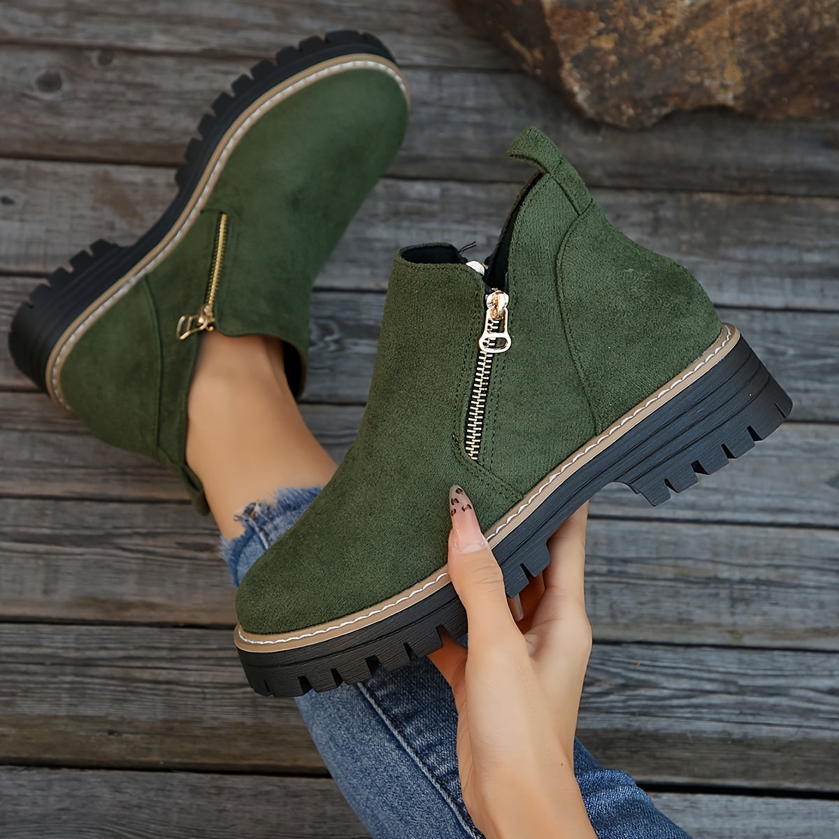 Women's Orthopaedic Ankle Boots Zipped Non-Slip Sole - Green