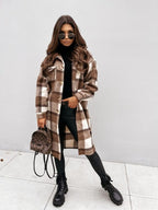 Women's Oversized Plaid Coat with Button-Down - Dark Brown