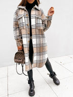 Women's Oversized Plaid Coat with Button-Down - Light Brown