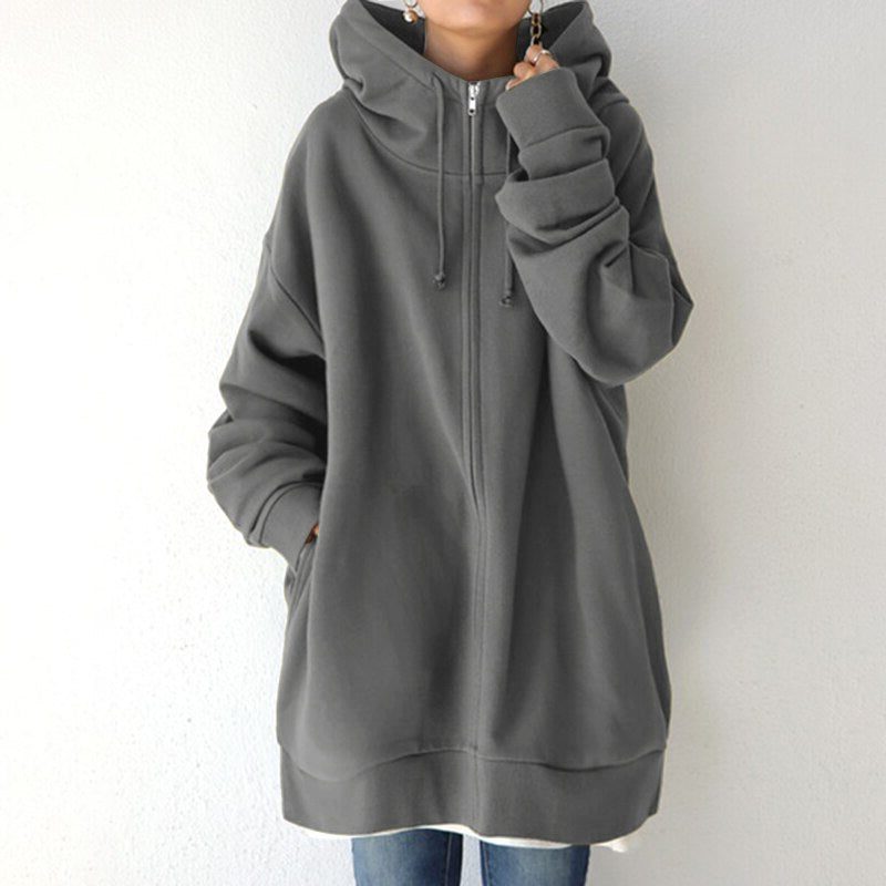 Women's oversized zip-up hoodie with drawstring hood - Grey
