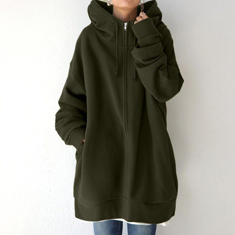 Women's oversized zip-up hoodie with drawstring hood - Green