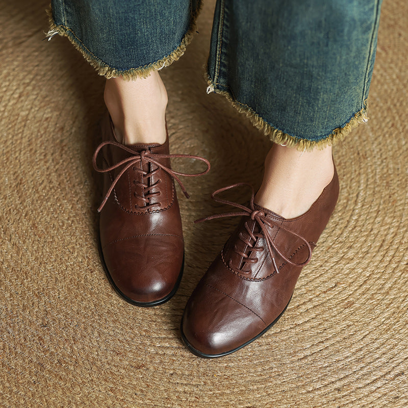 Women's Oxford Shoes Genuine Leather Lace-Up Comfort Insole - Brown