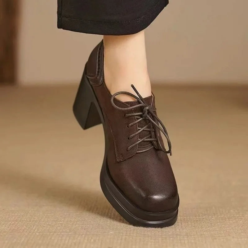 Women's Leather Oxford Shoes with Block Heel