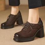 Women's Leather Oxford Shoes with Block Heel