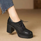 Women's Leather Oxford Shoes with Block Heel - Black