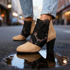Women's Studded Block Heel Shoes in Lace and Suede - Brown