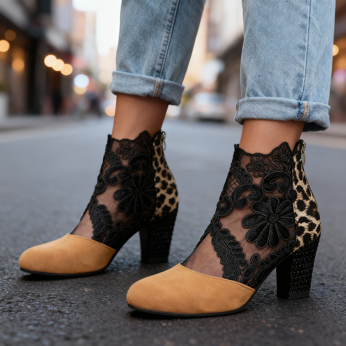 Women's Studded Block Heel Shoes in Lace and Suede - Leopard Print