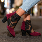 Women's Studded Block Heel Shoes in Lace and Suede