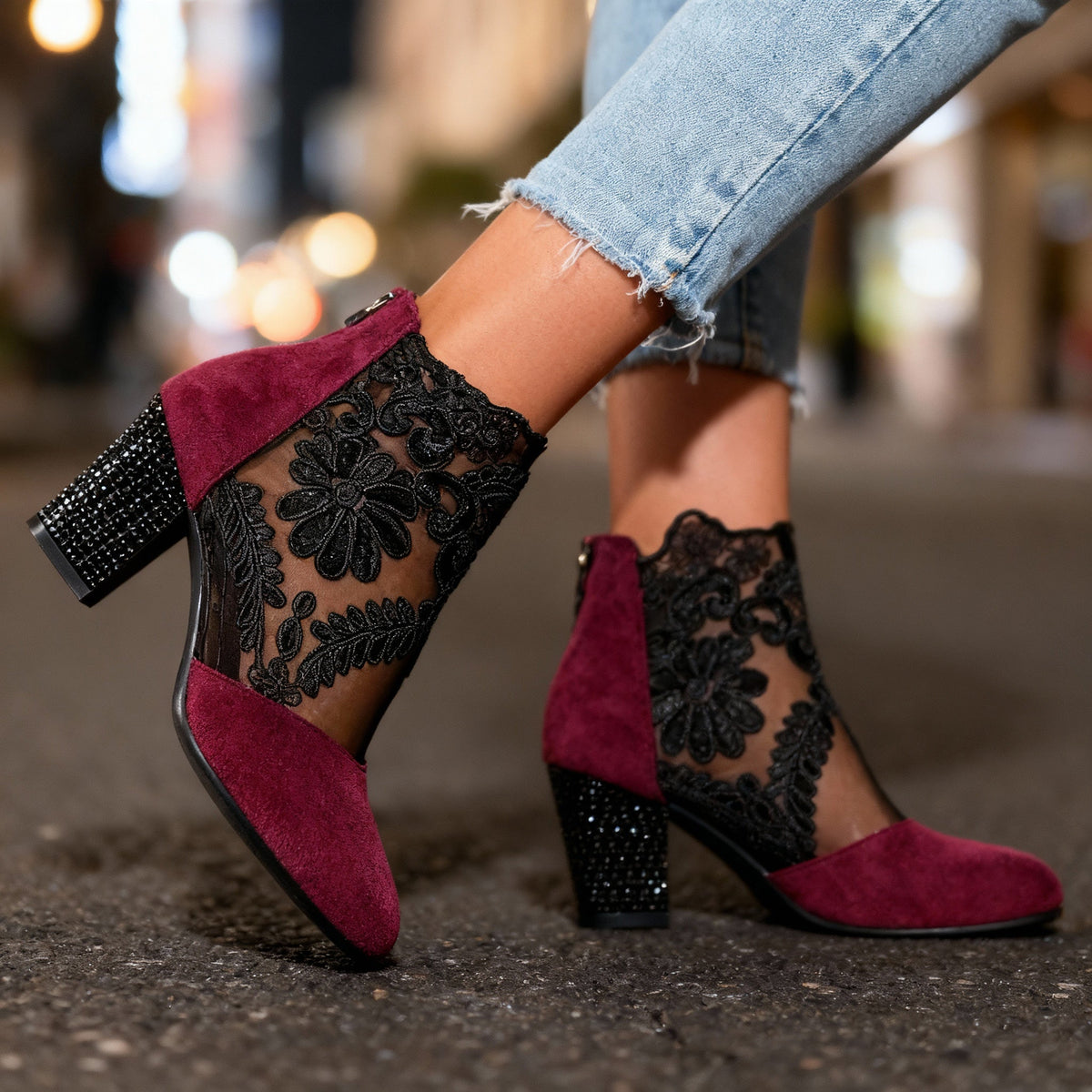 Women's Studded Block Heel Shoes in Lace and Suede