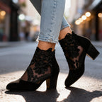 Women's Studded Block Heel Shoes in Lace and Suede