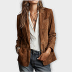 Women's Suede Blazer Fitted Vintage Office Button-Front - Brown