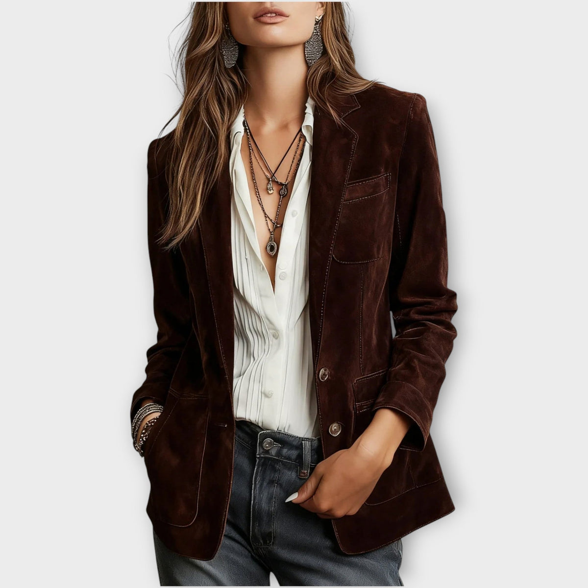 Women's Suede Blazer Fitted Vintage Office Button-Front - Marron Foncé