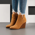 Women's Suede Wedge Ankle Boots with Side Cutout Detail - Khaki