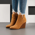 Women's Suede Wedge Ankle Boots with Side Cutout Detail - Khaki
