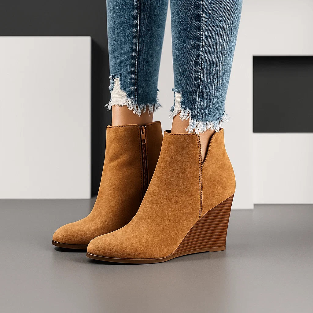 Women's Suede Wedge Ankle Boots with Side Cutout Detail - Khaki