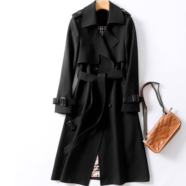 Women's Long Trench Coat Belted Waterproof - Black