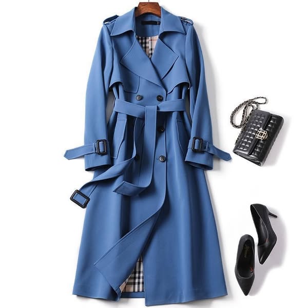 Women's Long Trench Coat Belted Waterproof - Blue