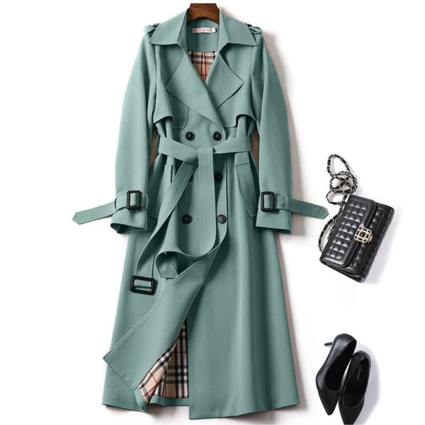 Women's Long Trench Coat Belted Waterproof - Green