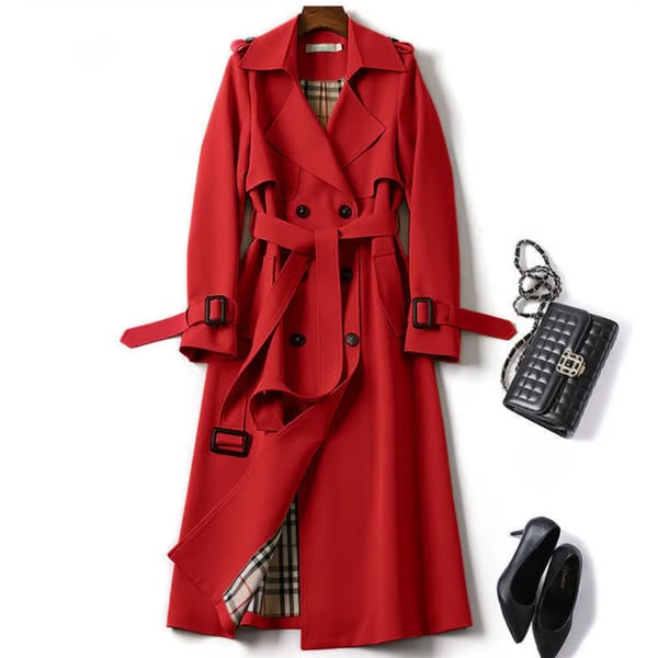 Women's Long Trench Coat Belted Waterproof - Red