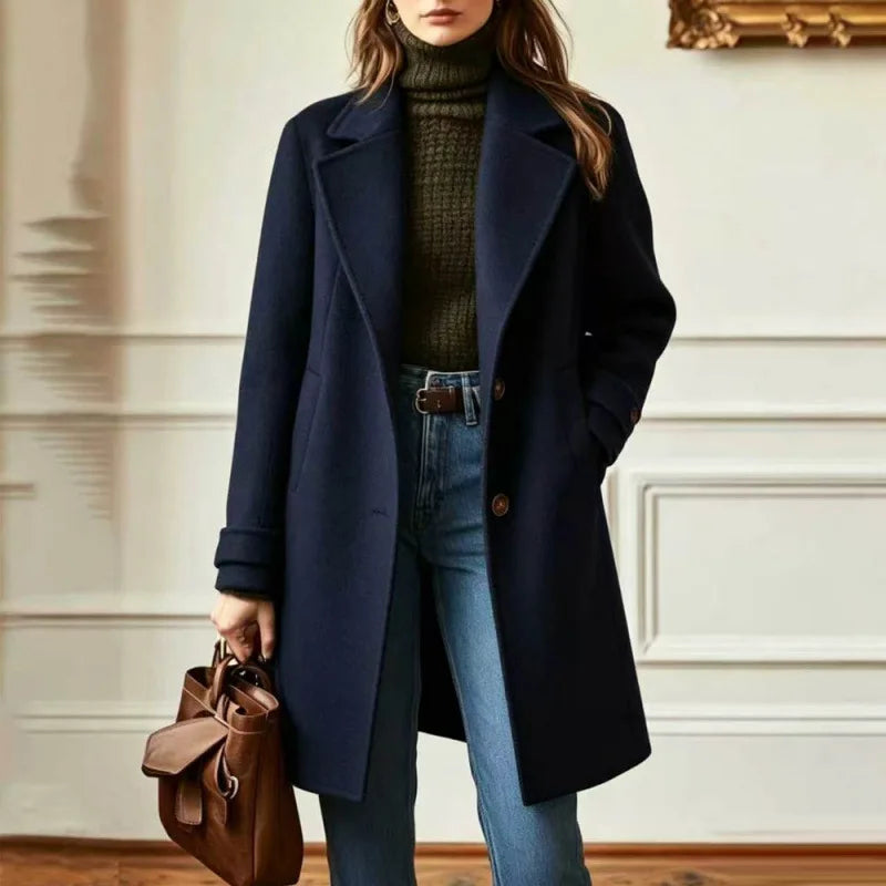 Women's Wool Blend Trench Coat with Retro Collar - Blue