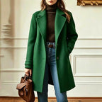 Women's Wool Blend Trench Coat with Retro Collar - Green