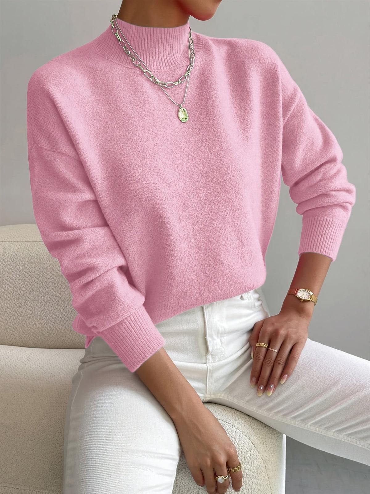 Women's Turtleneck Jumper Soft Knit Winter - Light Pink