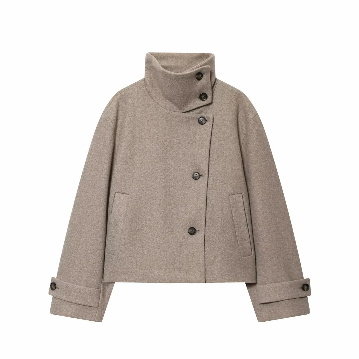 Women's Wool Coat High Collar Retro Fit - Beige