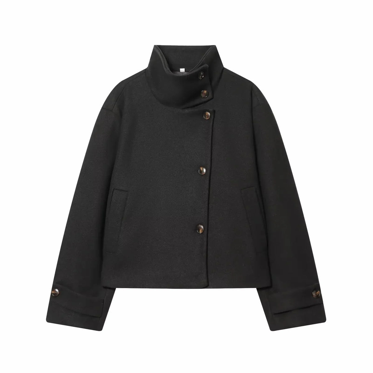 Women's Wool Coat High Collar Retro Fit - Black