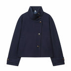Women's Wool Coat High Collar Retro Fit - Bleu Foncé