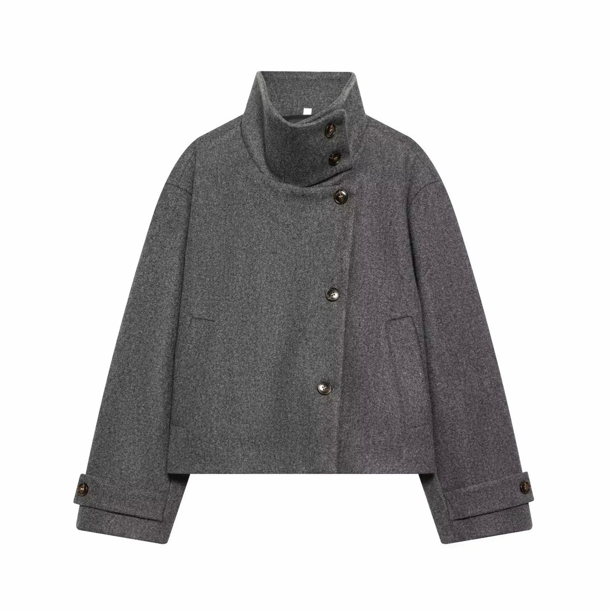 Women's Wool Coat High Collar Retro Fit - Grey