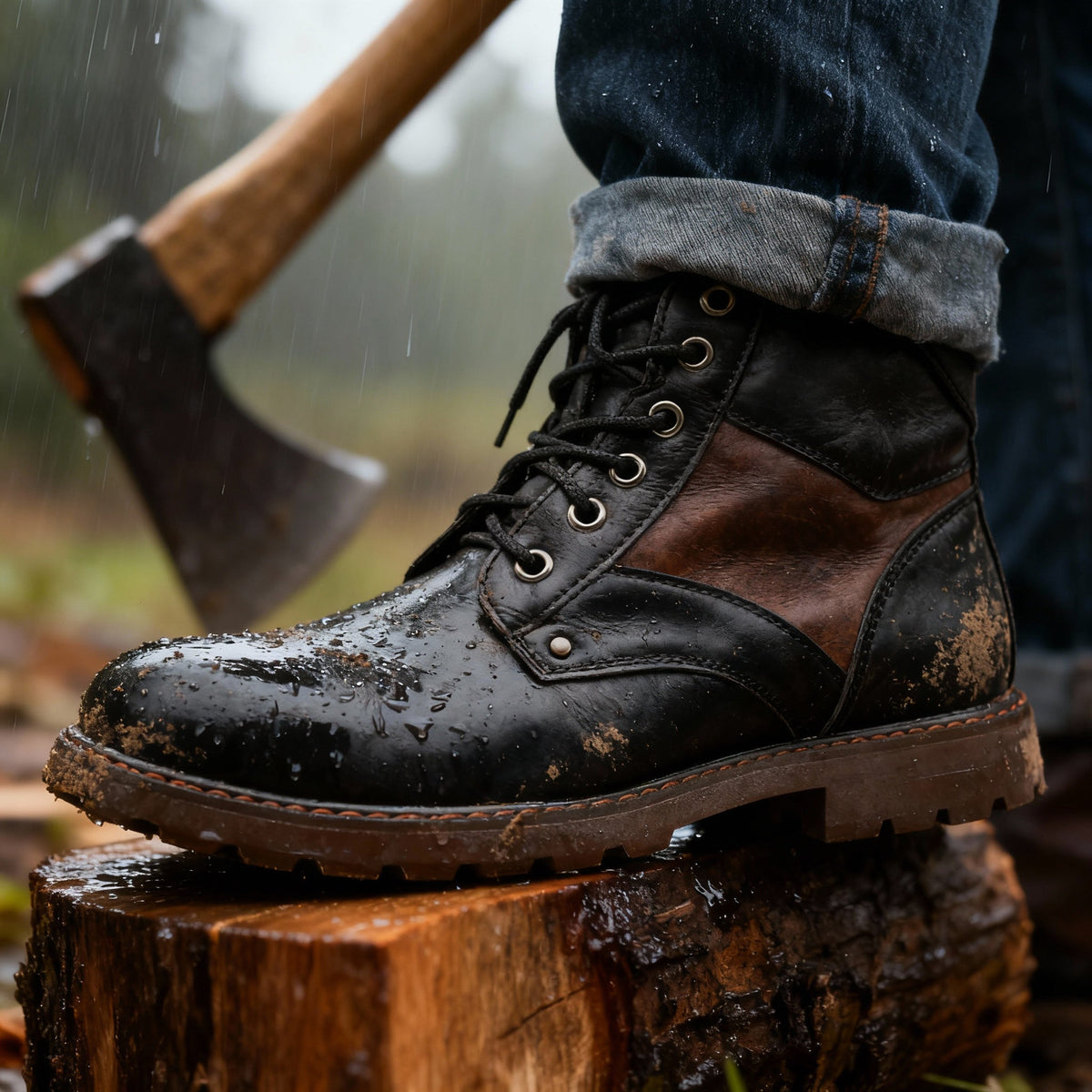Work boots with reinforced panels and padded interior
