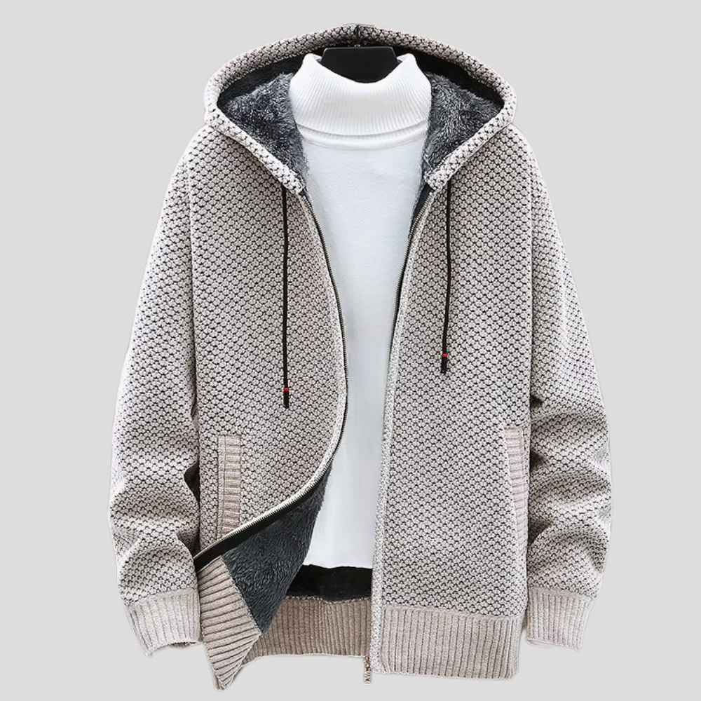 Zip Hoodie Textured Knit Fleece Lined - Beige