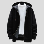 Zip Hoodie Textured Knit Fleece Lined - Black